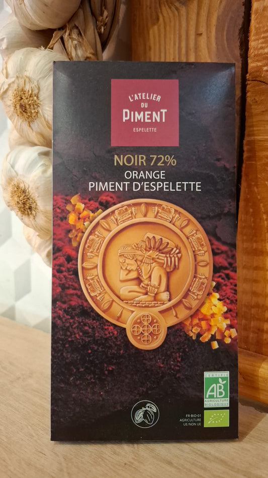 Chocolat noir 72% au piment d'Espelette et orange
